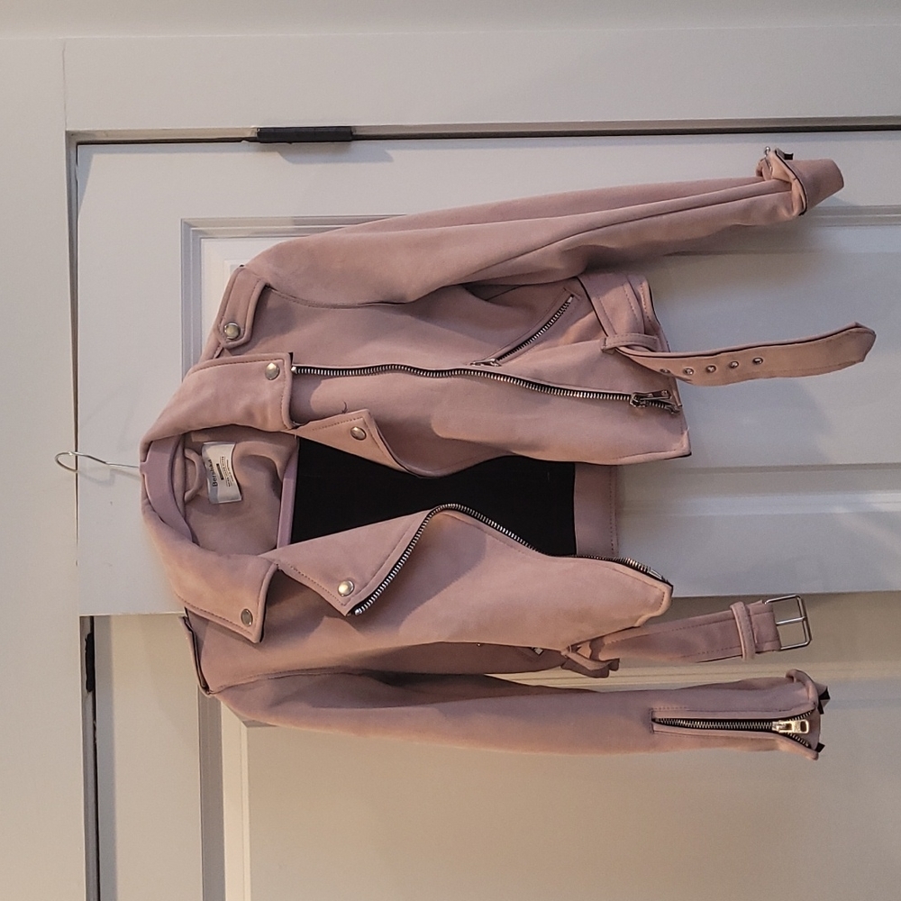 Bershka Blush Pink Suede Cropped Belted Motto Jacket